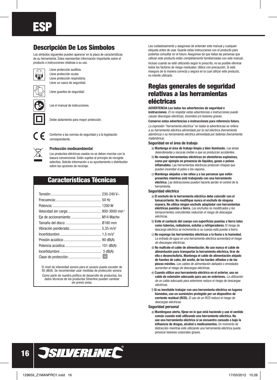 Descripción de los símbolos, Características técnicas | Silverline 1200W Sander Polisher 180mm User Manual | Page 17 / 28