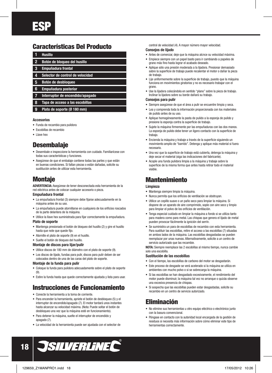 Desembalaje, Montaje, Instrucciones de funcionamiento | Mantenimiento, Eliminación, Características del producto | Silverline 1200W Sander Polisher 180mm User Manual | Page 19 / 28