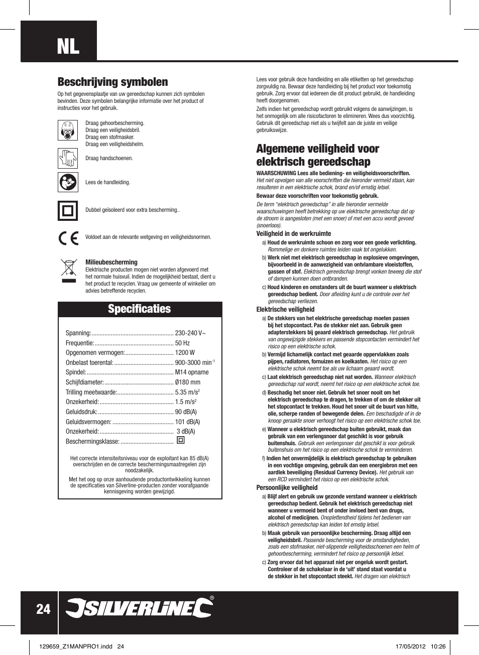 Beschrijving symbolen, Specificaties, Algemene veiligheid voor elektrisch gereedschap | Silverline 1200W Sander Polisher 180mm User Manual | Page 25 / 28