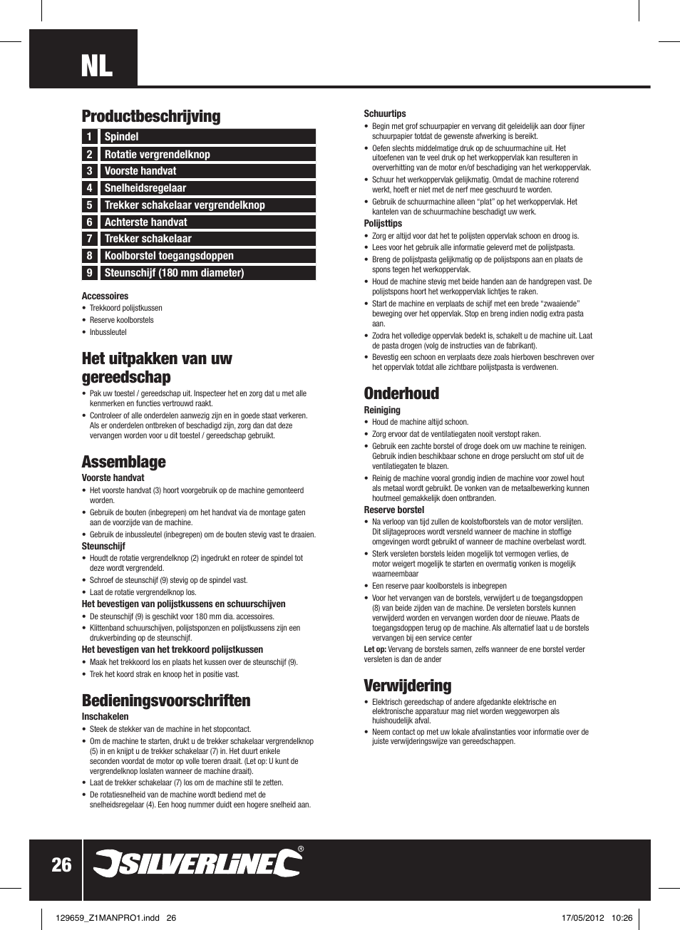 Het uitpakken van uw gereedschap, Assemblage, Bedieningsvoorschriften | Onderhoud, Verwijdering, Productbeschrijving | Silverline 1200W Sander Polisher 180mm User Manual | Page 27 / 28