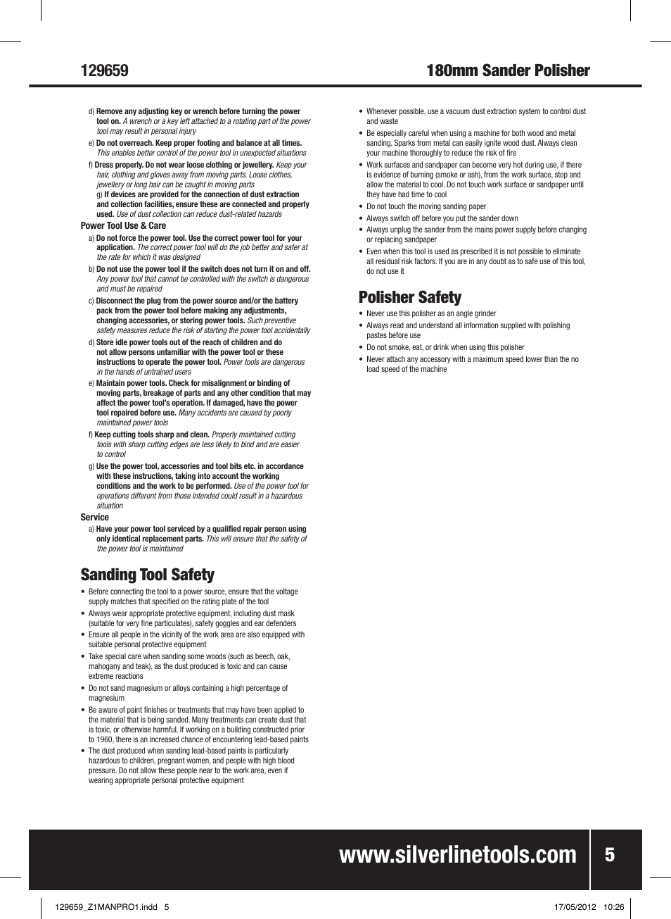 Sanding tool safety, Polisher safety | Silverline 1200W Sander Polisher 180mm User Manual | Page 6 / 28