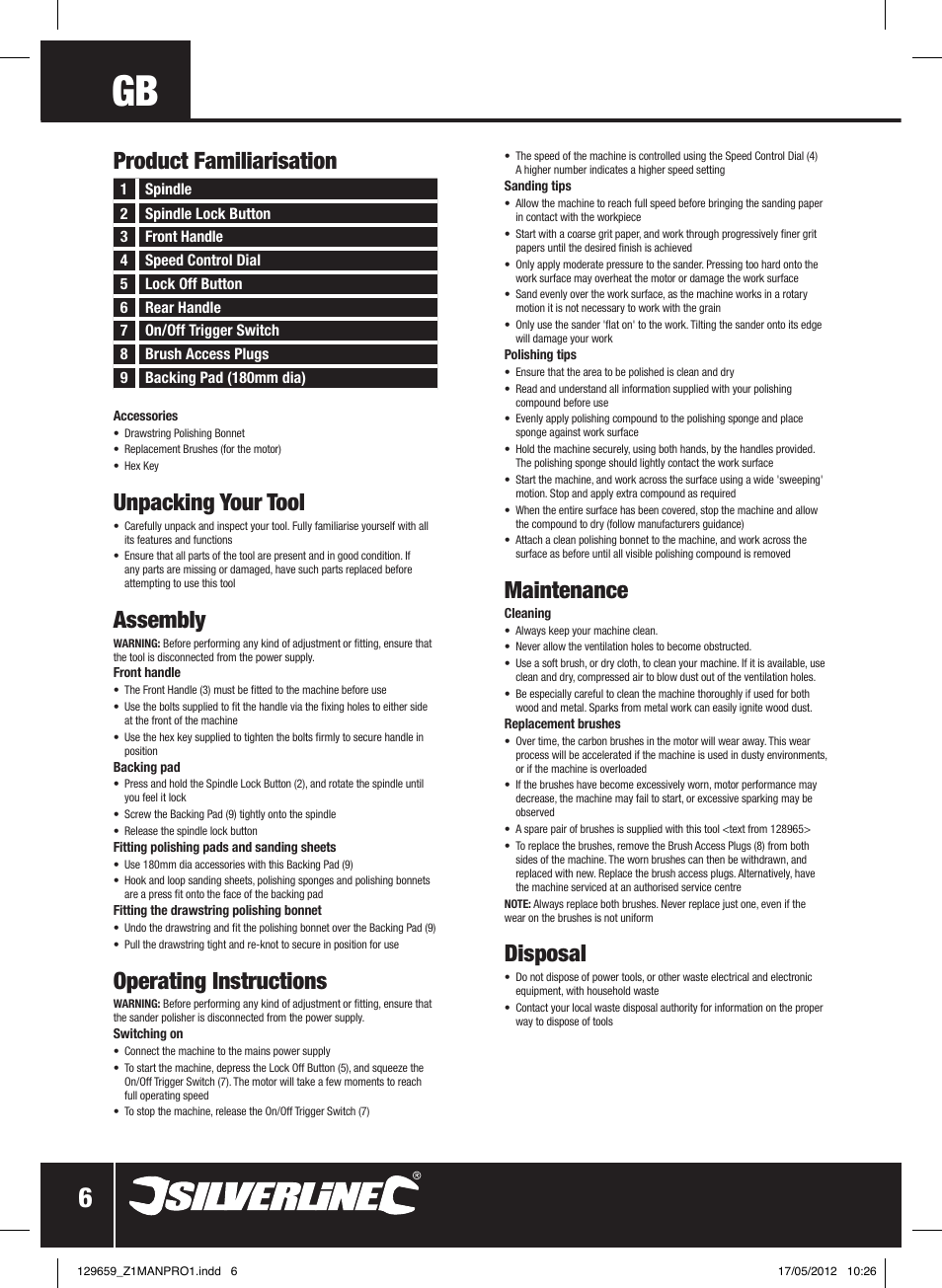 Unpacking your tool, Assembly, Operating instructions | Maintenance, Disposal, Product familiarisation | Silverline 1200W Sander Polisher 180mm User Manual | Page 7 / 28