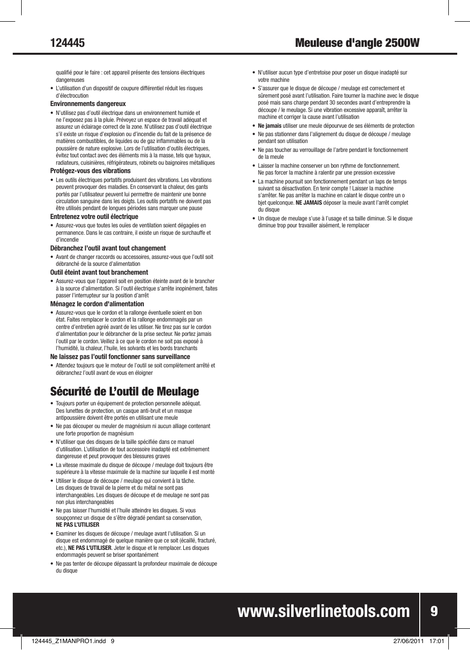 Sécurité de l’outil de meulage | Silverline 2500W Angle Grinder 230mm User Manual | Page 10 / 28