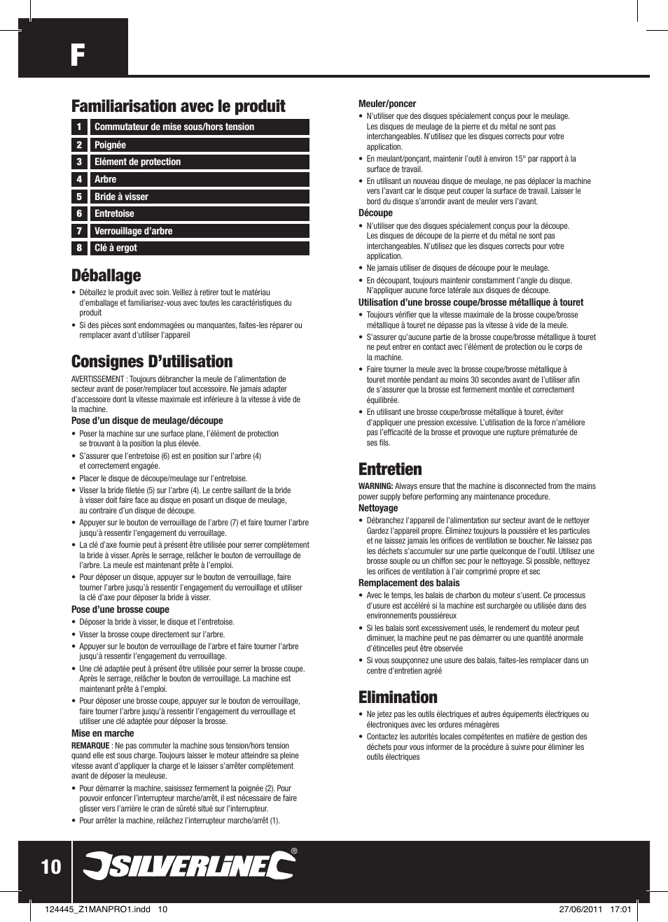 Déballage, Consignes d’utilisation, Entretien | Elimination, Familiarisation avec le produit | Silverline 2500W Angle Grinder 230mm User Manual | Page 11 / 28