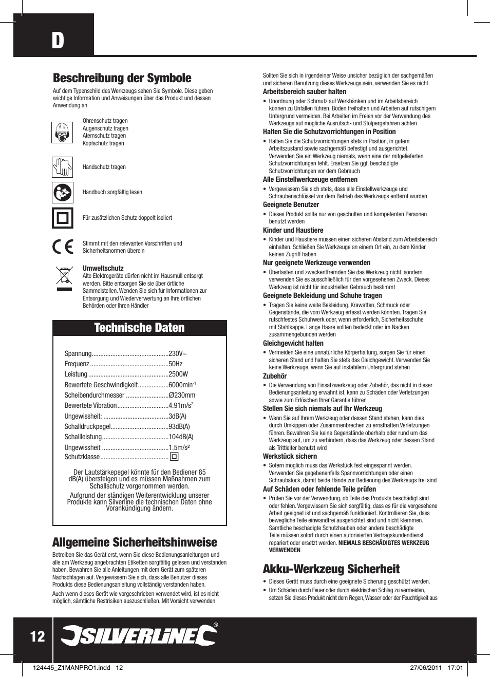 Technische daten, Allgemeine sicherheitshinweise, Akku-werkzeug sicherheit | Beschreibung der symbole | Silverline 2500W Angle Grinder 230mm User Manual | Page 13 / 28