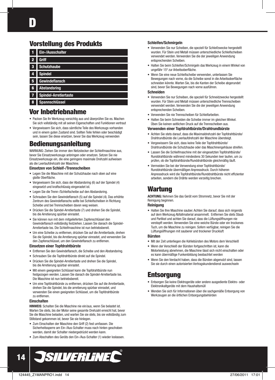 Vor inbetriebnahme, Bedienungsanleitung, Wartung | Entsorgung, Vorstellung des produkts | Silverline 2500W Angle Grinder 230mm User Manual | Page 15 / 28