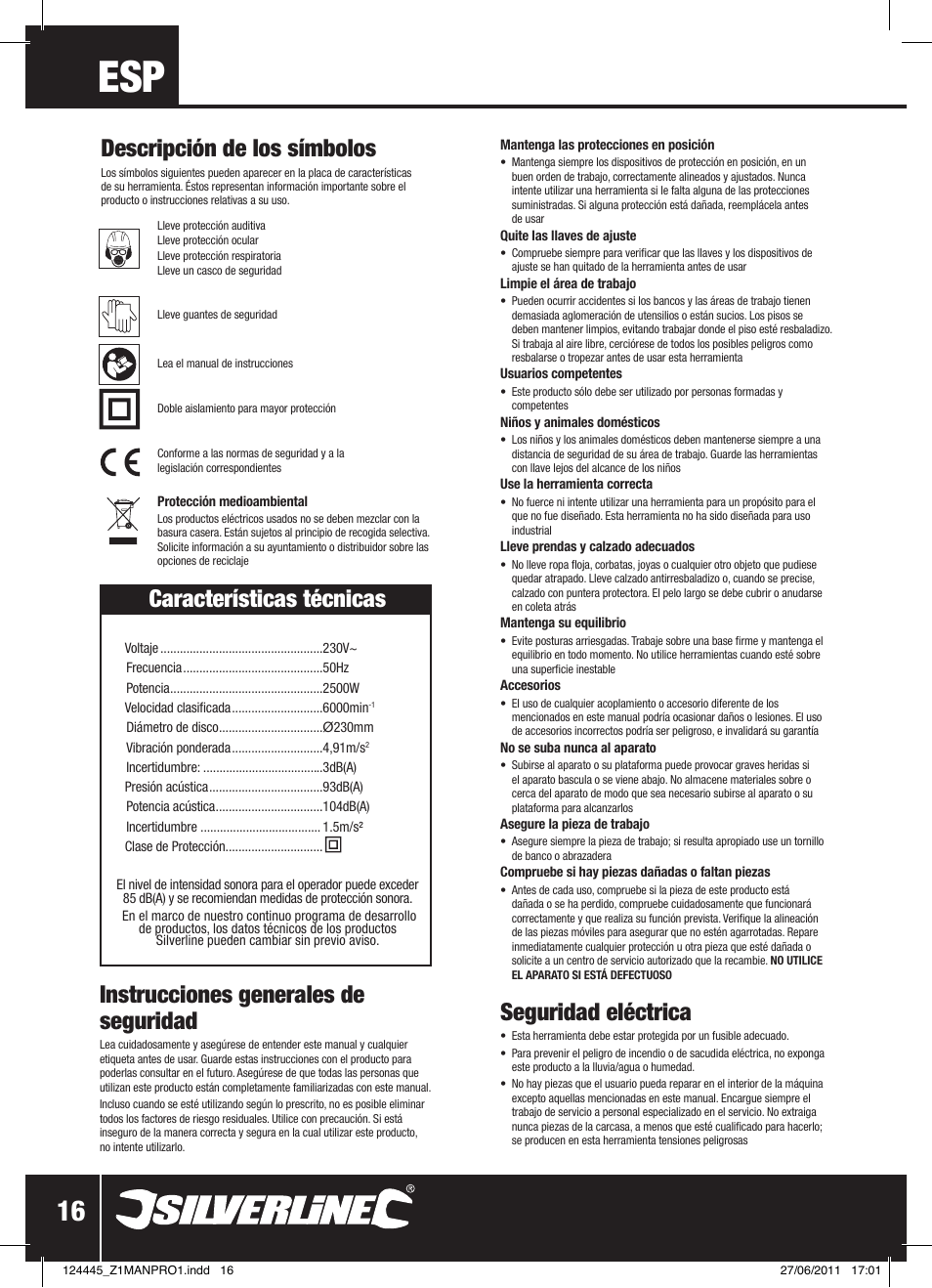 Características técnicas, Instrucciones generales de seguridad, Seguridad eléctrica | Descripción de los símbolos | Silverline 2500W Angle Grinder 230mm User Manual | Page 17 / 28