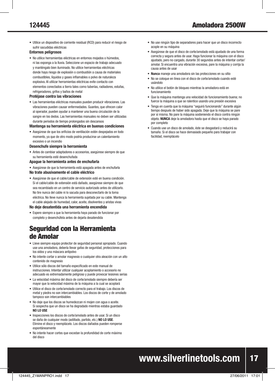 Seguridad con la herramienta de amolar | Silverline 2500W Angle Grinder 230mm User Manual | Page 18 / 28