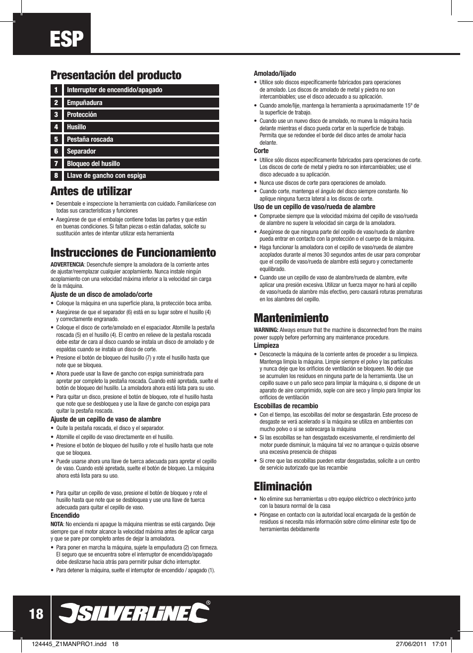 Antes de utilizar, Instrucciones de funcionamiento, Mantenimiento | Eliminación, Presentación del producto | Silverline 2500W Angle Grinder 230mm User Manual | Page 19 / 28