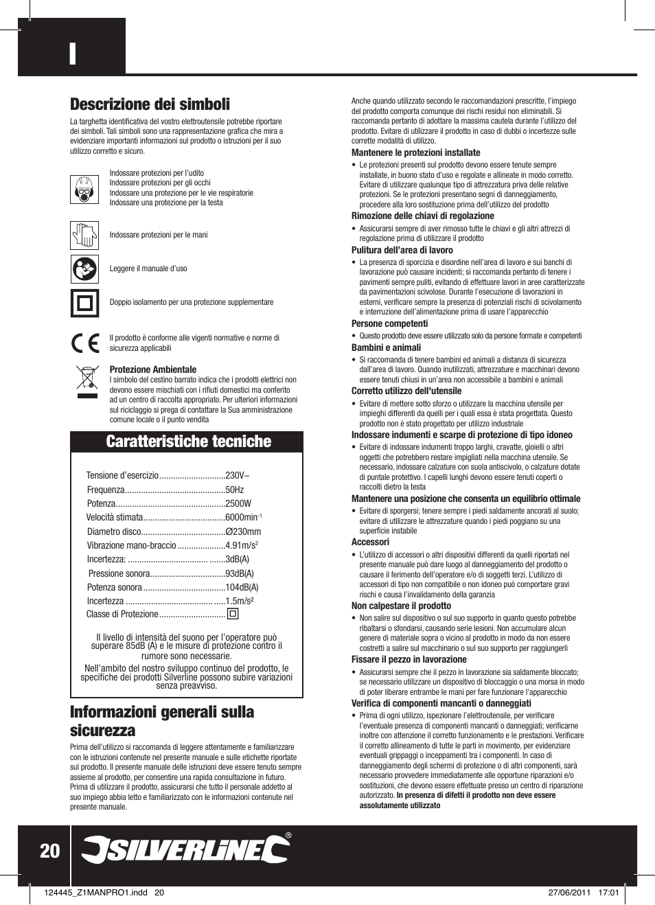 Caratteristiche tecniche, Informazioni generali sulla sicurezza, Descrizione dei simboli | Silverline 2500W Angle Grinder 230mm User Manual | Page 21 / 28