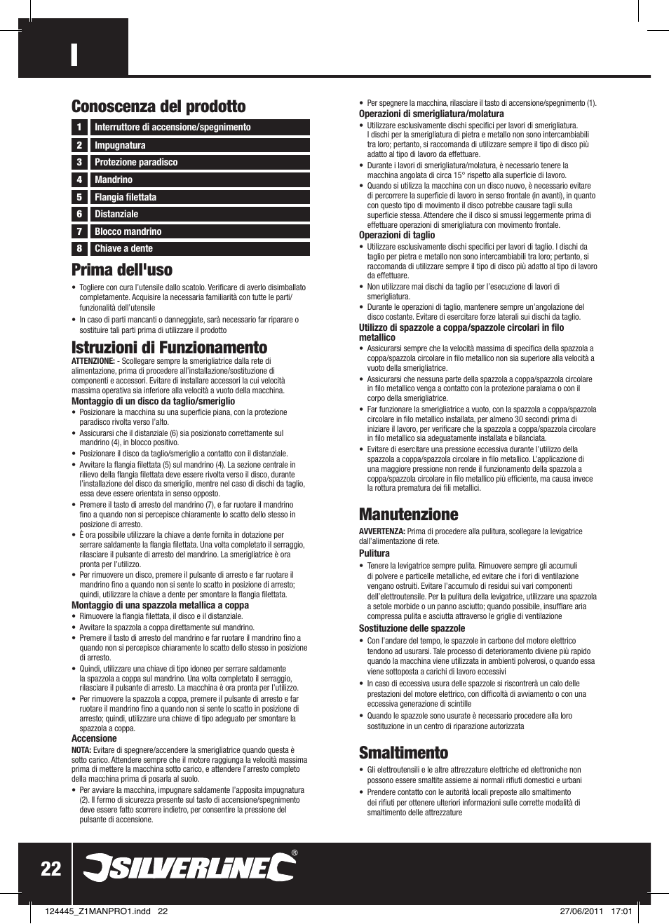 Prima dell'uso, Istruzioni di funzionamento, Manutenzione | Smaltimento, Conoscenza del prodotto | Silverline 2500W Angle Grinder 230mm User Manual | Page 23 / 28