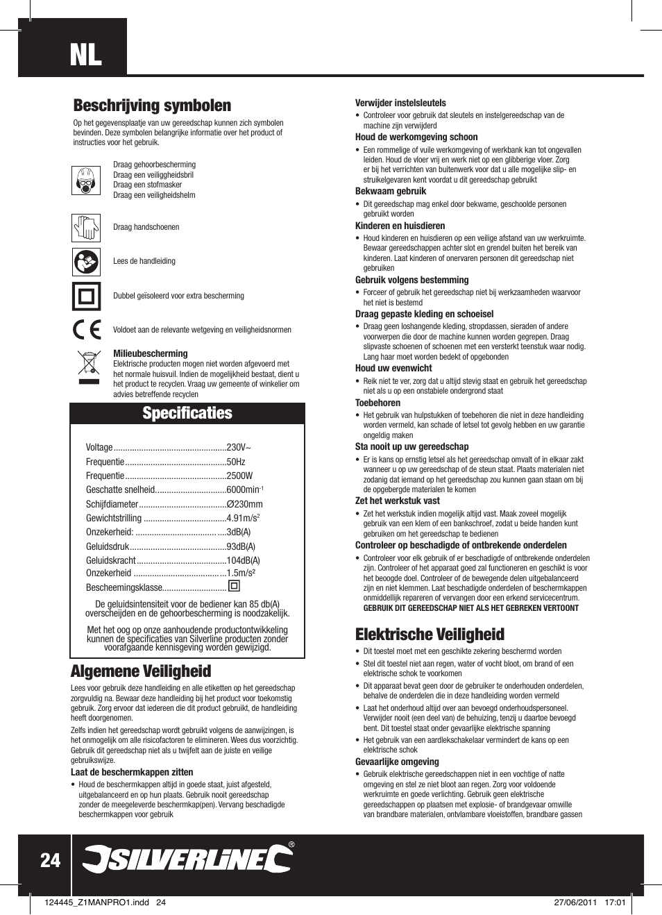 Specificaties, Algemene veiligheid, Elektrische veiligheid | Beschrijving symbolen | Silverline 2500W Angle Grinder 230mm User Manual | Page 25 / 28