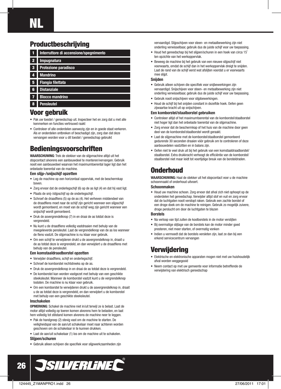 Voor gebruik, Bedieningsvoorschriften, Onderhoud | Verwijdering, Productbeschrijving | Silverline 2500W Angle Grinder 230mm User Manual | Page 27 / 28