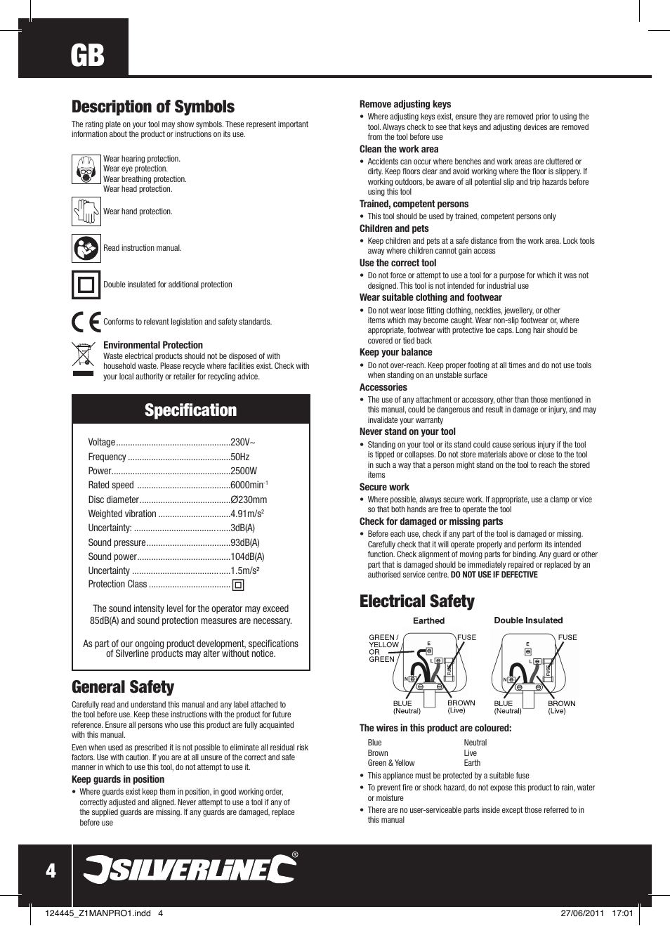 Description of symbols, Specification, General safety | Electrical safety | Silverline 2500W Angle Grinder 230mm User Manual | Page 5 / 28