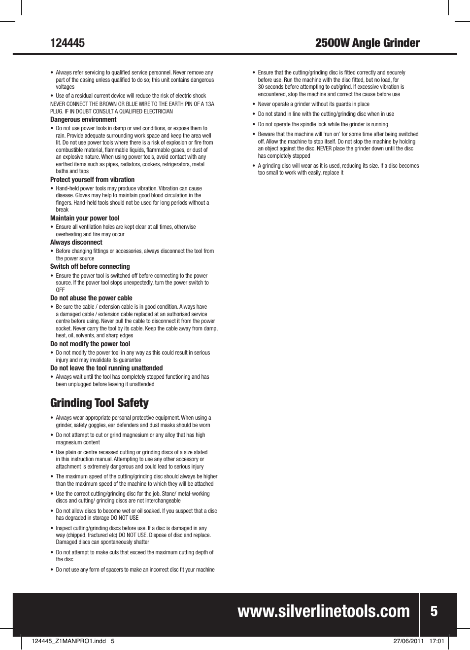 Grinding tool safety | Silverline 2500W Angle Grinder 230mm User Manual | Page 6 / 28