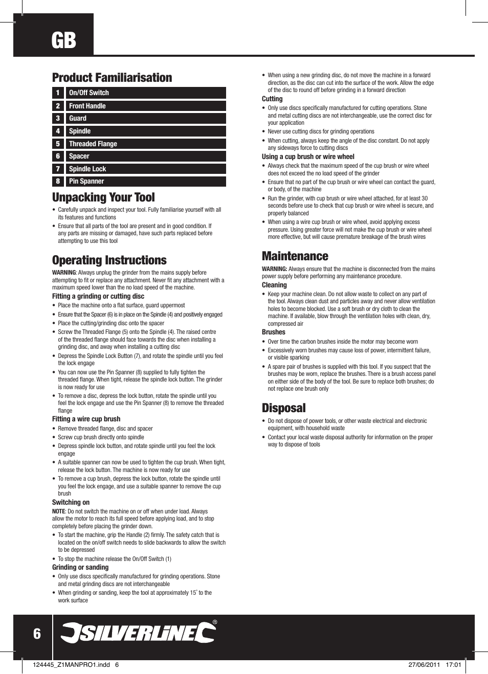 Unpacking your tool, Operating instructions, Maintenance | Disposal, Product familiarisation | Silverline 2500W Angle Grinder 230mm User Manual | Page 7 / 28