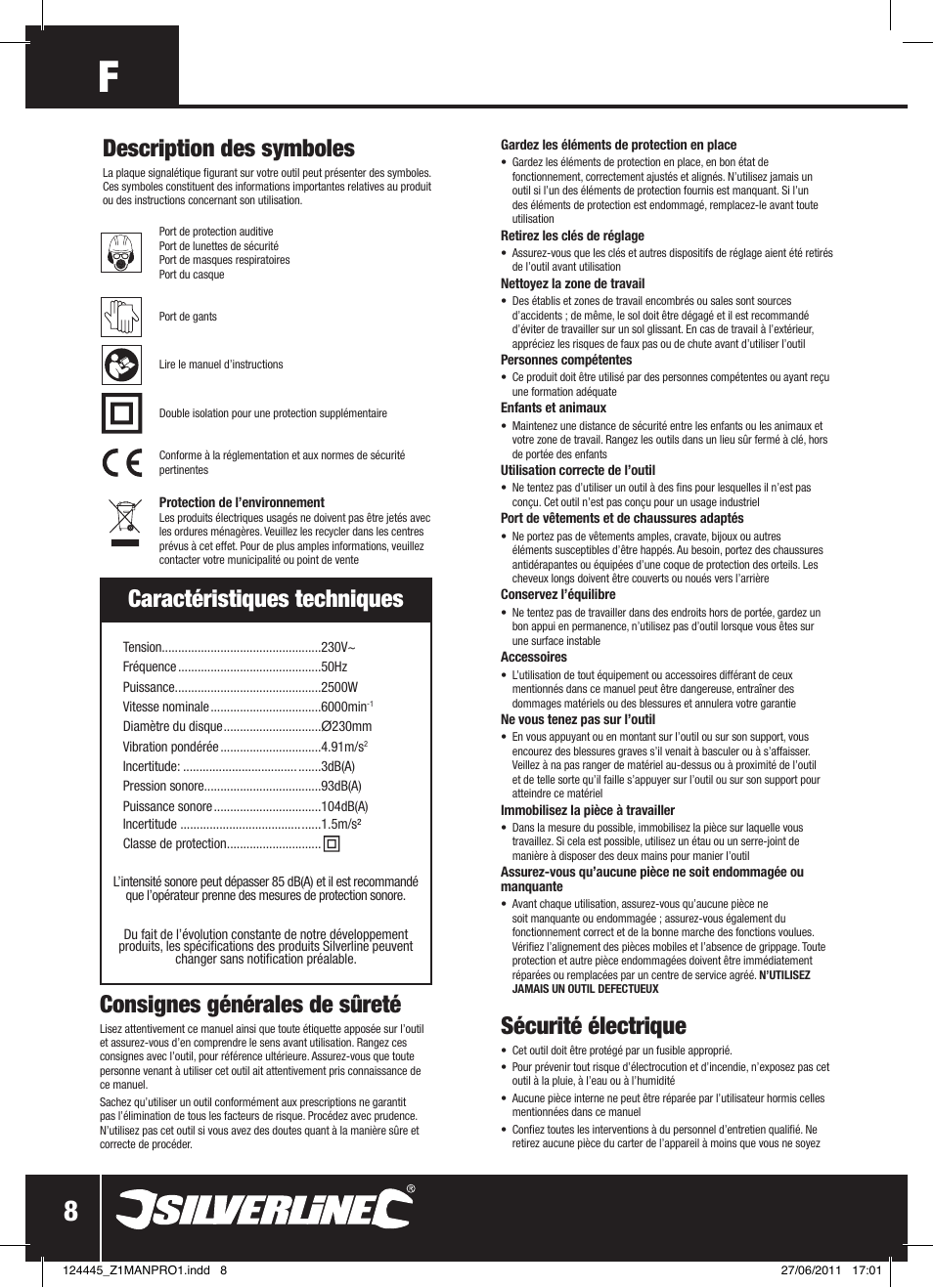 Caractéristiques techniques, Consignes générales de sûreté, Sécurité électrique | Description des symboles | Silverline 2500W Angle Grinder 230mm User Manual | Page 9 / 28