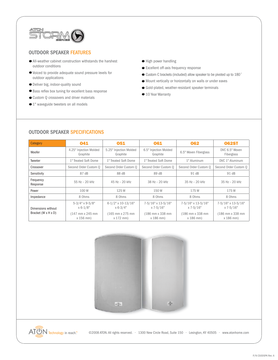 Outdoor speaker features, Outdoor speaker specifications | ATON Storm Series 062 User Manual | Page 2 / 2