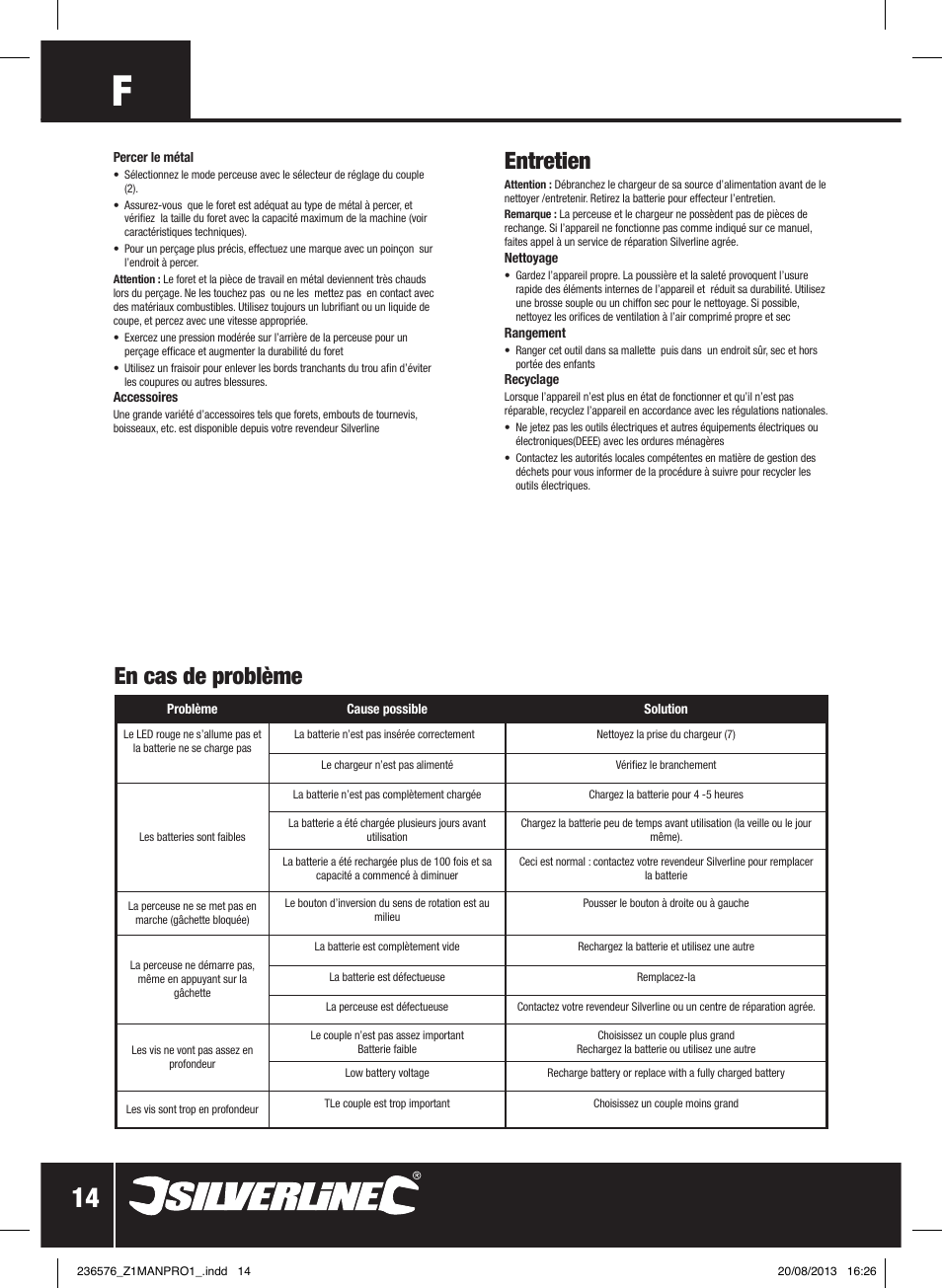 Entretien, En cas de problème | Silverline Drill Driver 12V User Manual | Page 15 / 40