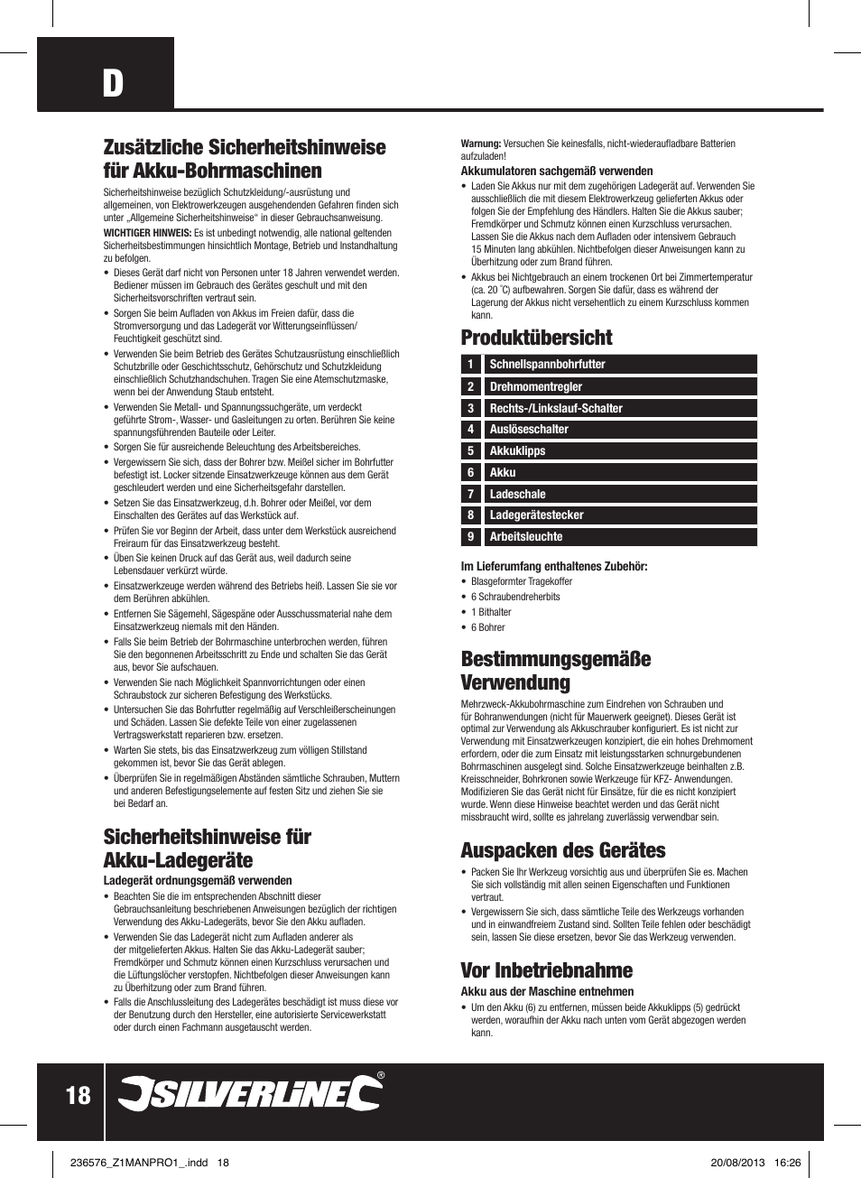 Produktübersicht, Sicherheitshinweise für akku-ladegeräte, Bestimmungsgemäße verwendung | Auspacken des gerätes, Vor inbetriebnahme | Silverline Drill Driver 12V User Manual | Page 19 / 40