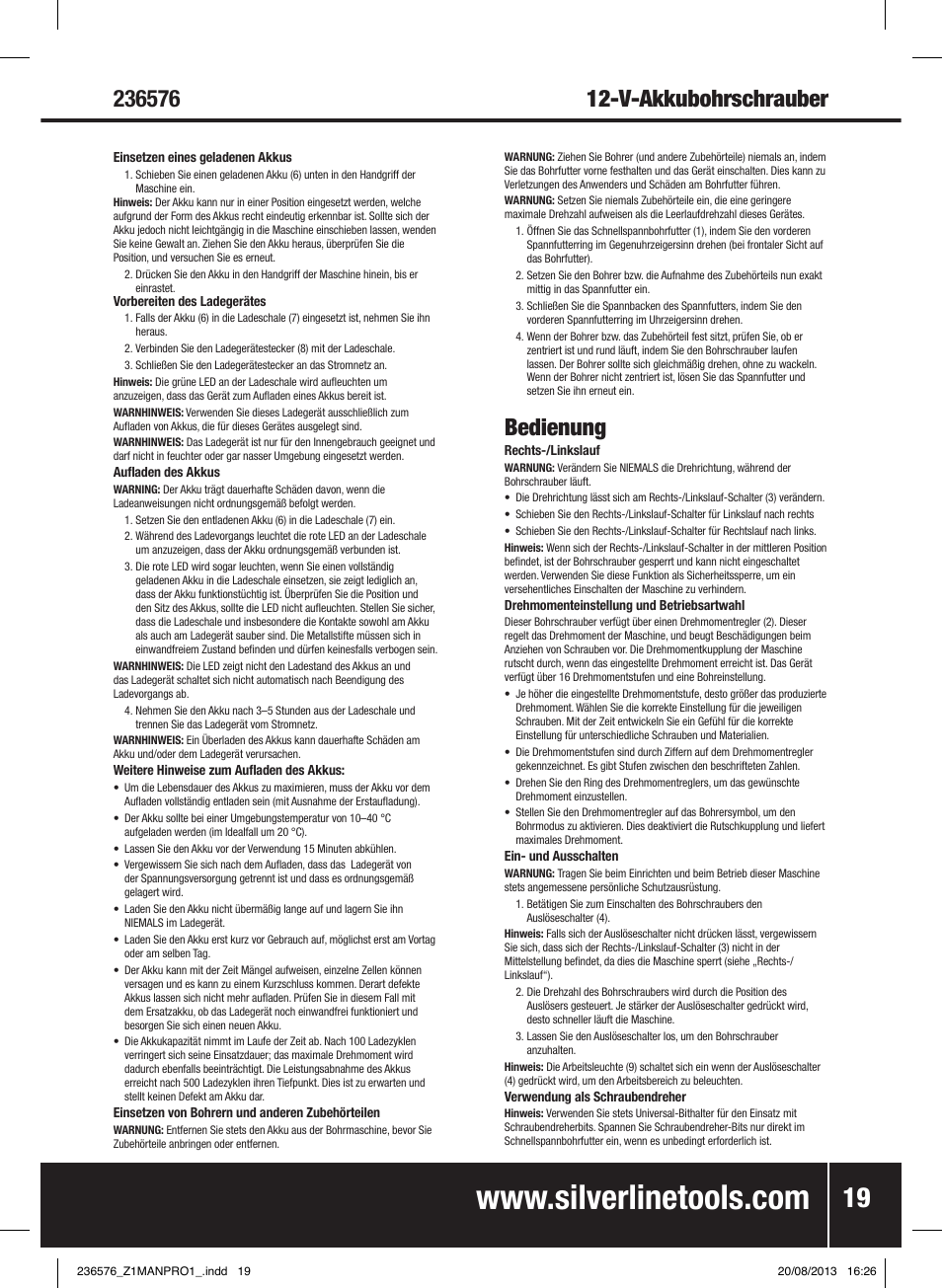 Bedienung | Silverline Drill Driver 12V User Manual | Page 20 / 40