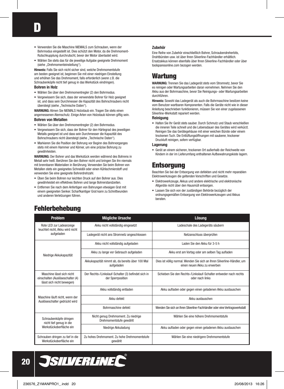 Wartung, Entsorgung, Fehlerbehebung | Silverline Drill Driver 12V User Manual | Page 21 / 40