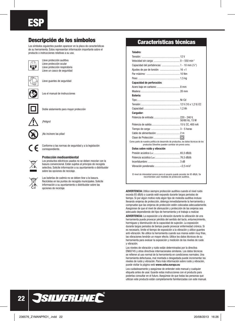 Descripción de los símbolos, Características técnicas | Silverline Drill Driver 12V User Manual | Page 23 / 40