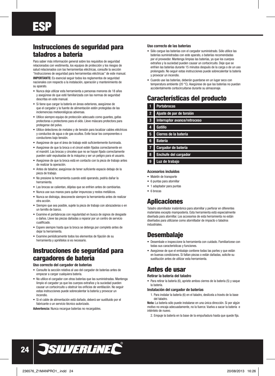 Instrucciones de seguridad para taladros a batería, Características del producto, Aplicaciones | Desembalaje, Antes de usar | Silverline Drill Driver 12V User Manual | Page 25 / 40
