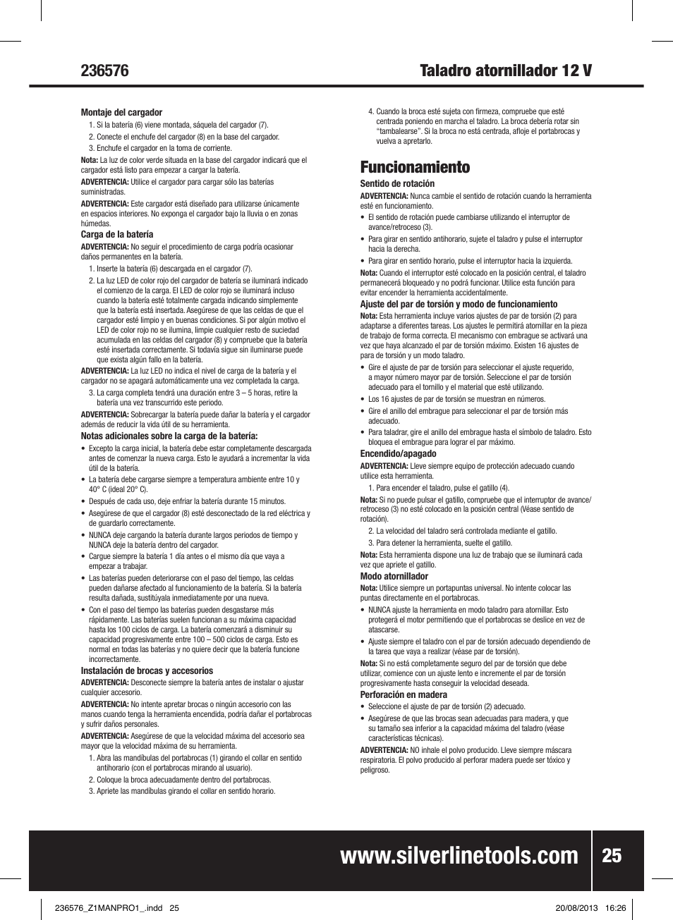 Funcionamiento | Silverline Drill Driver 12V User Manual | Page 26 / 40