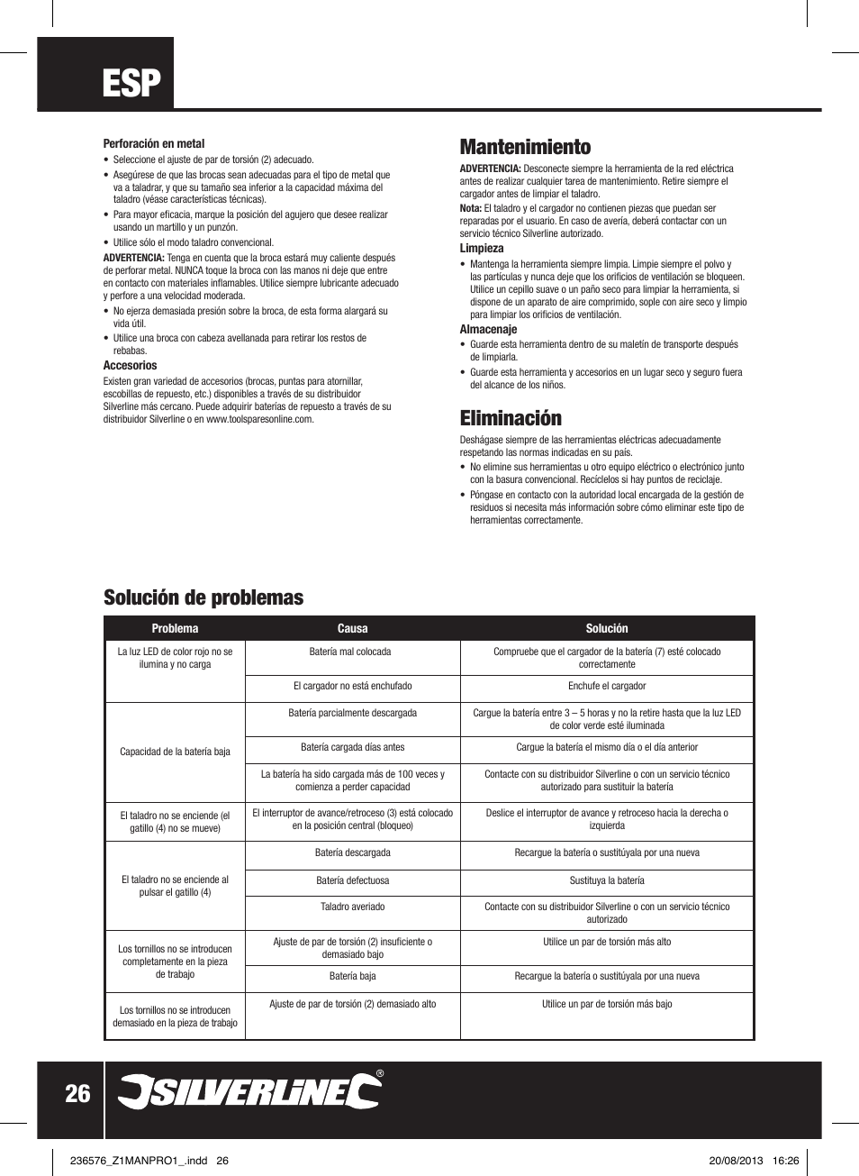 Mantenimiento, Eliminación, Solución de problemas | Silverline Drill Driver 12V User Manual | Page 27 / 40