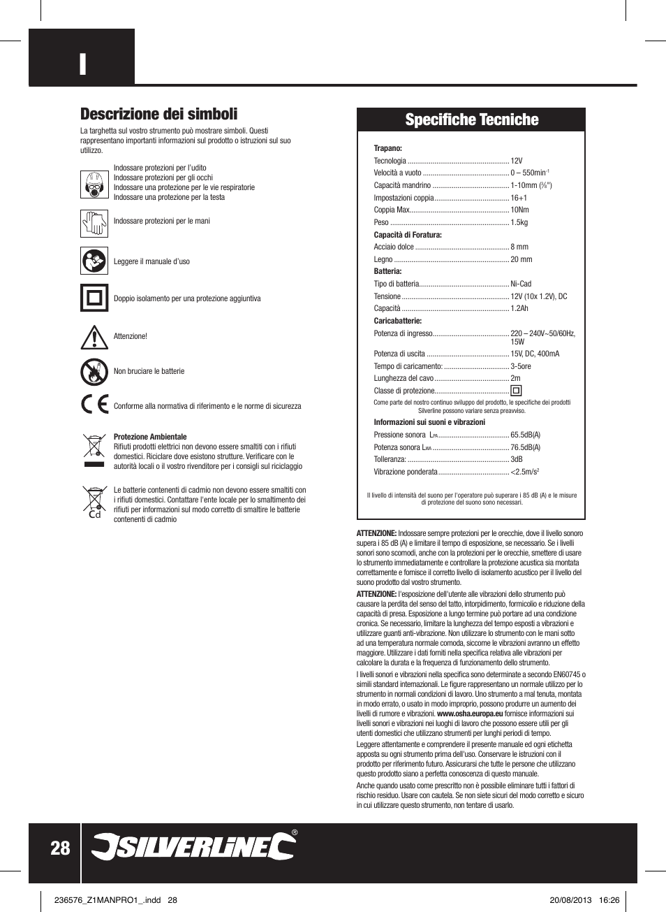 Descrizione dei simboli, Specifiche tecniche | Silverline Drill Driver 12V User Manual | Page 29 / 40