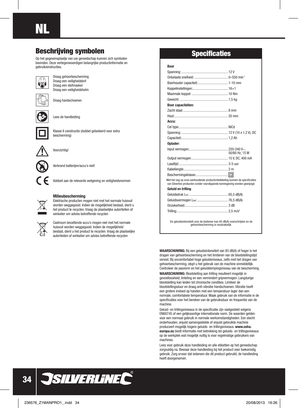 Beschrijving symbolen, Specificaties | Silverline Drill Driver 12V User Manual | Page 35 / 40