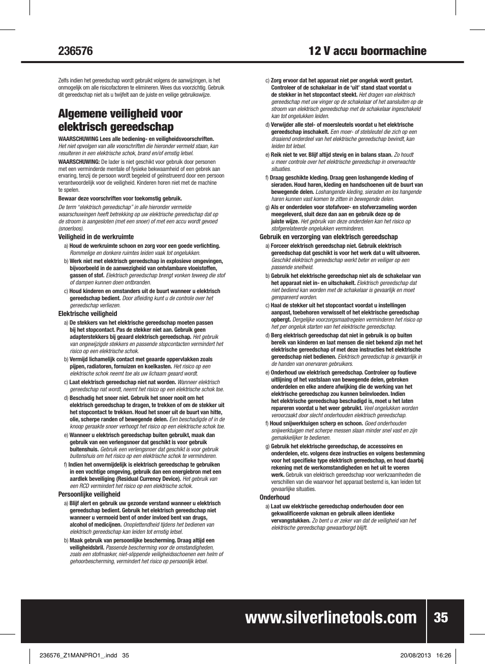 12 v accu boormachine, Algemene veiligheid voor elektrisch gereedschap | Silverline Drill Driver 12V User Manual | Page 36 / 40