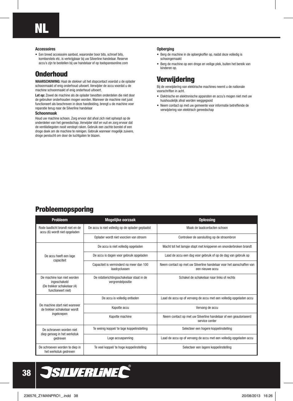 Onderhoud, Verwijdering, Probleemopsporing | Silverline Drill Driver 12V User Manual | Page 39 / 40