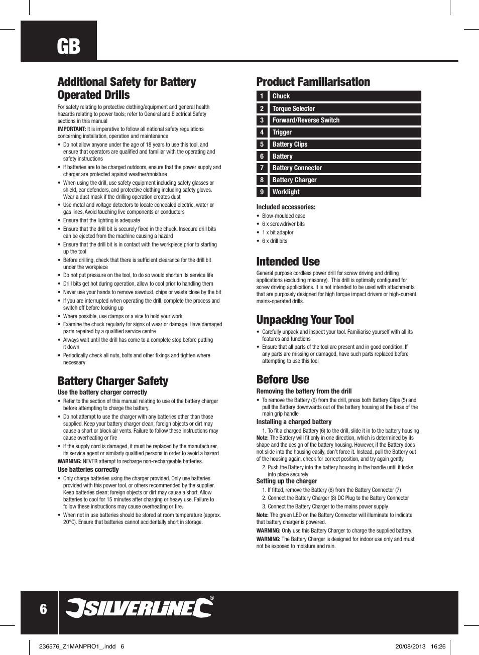 Battery charger safety, Intended use, Unpacking your tool | Before use | Silverline Drill Driver 12V User Manual | Page 7 / 40