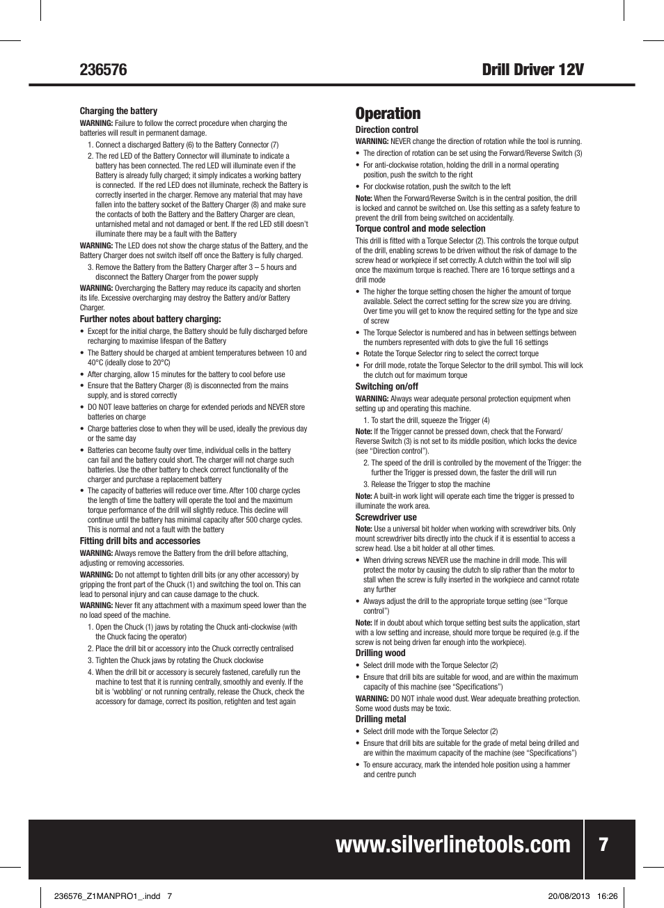 Operation | Silverline Drill Driver 12V User Manual | Page 8 / 40