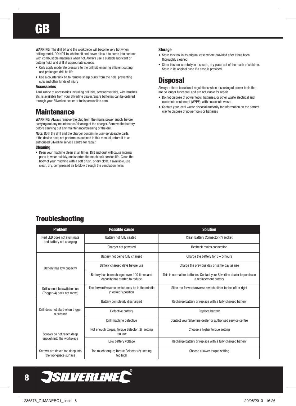 Maintenance, Disposal, Troubleshooting | Silverline Drill Driver 12V User Manual | Page 9 / 40