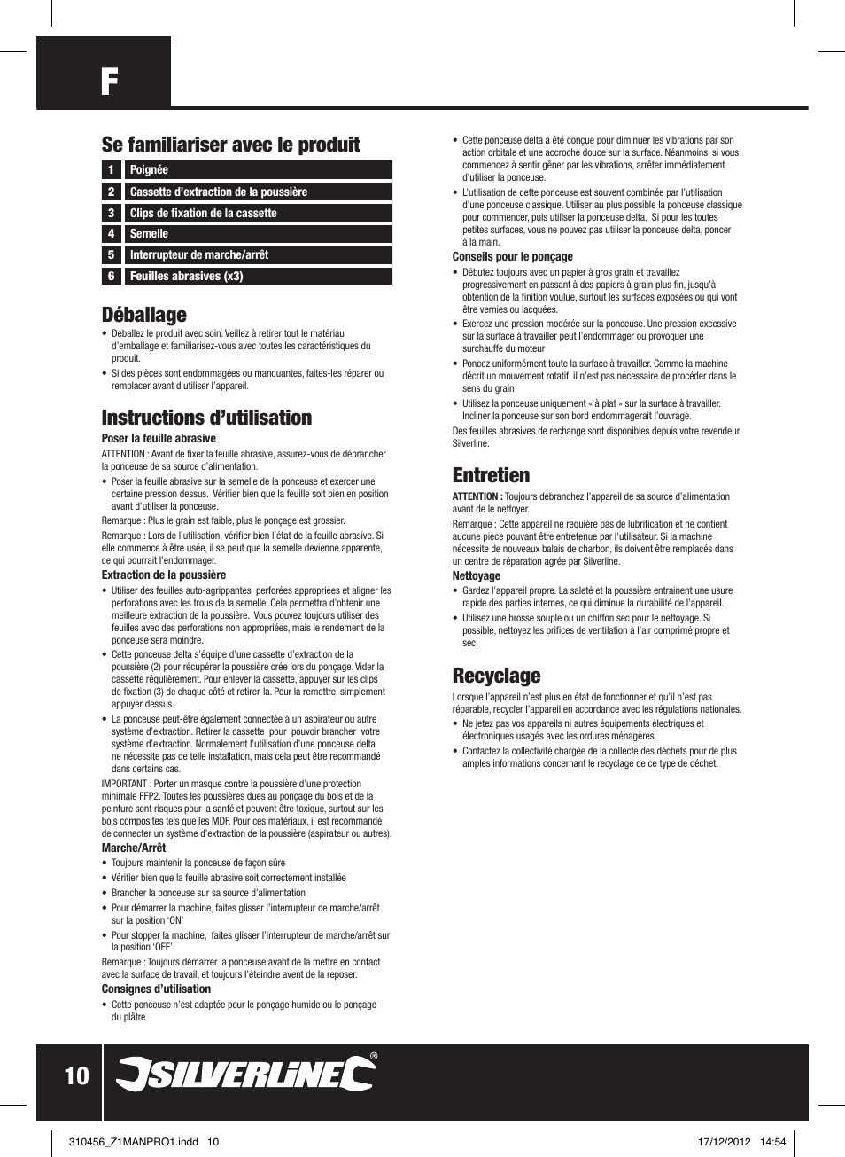 Déballage, Instructions d’utilisation, Entretien | Recyclage, Se familiariser avec le produit | Silverline 160W Detail Sander User Manual | Page 11 / 28