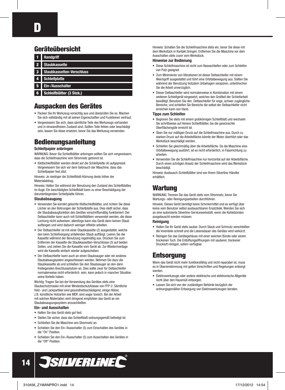 Auspacken des gerätes, Bedienungsanleitung, Wartung | Entsorgung, Geräteübersicht | Silverline 160W Detail Sander User Manual | Page 15 / 28