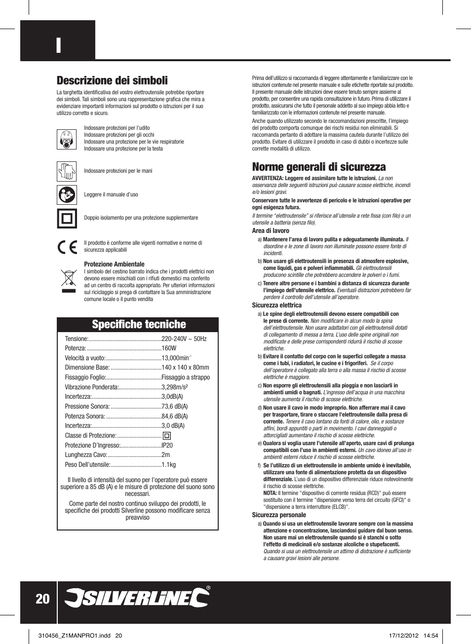 Norme generali di sicurezza, Specifiche tecniche, Descrizione dei simboli | Silverline 160W Detail Sander User Manual | Page 21 / 28