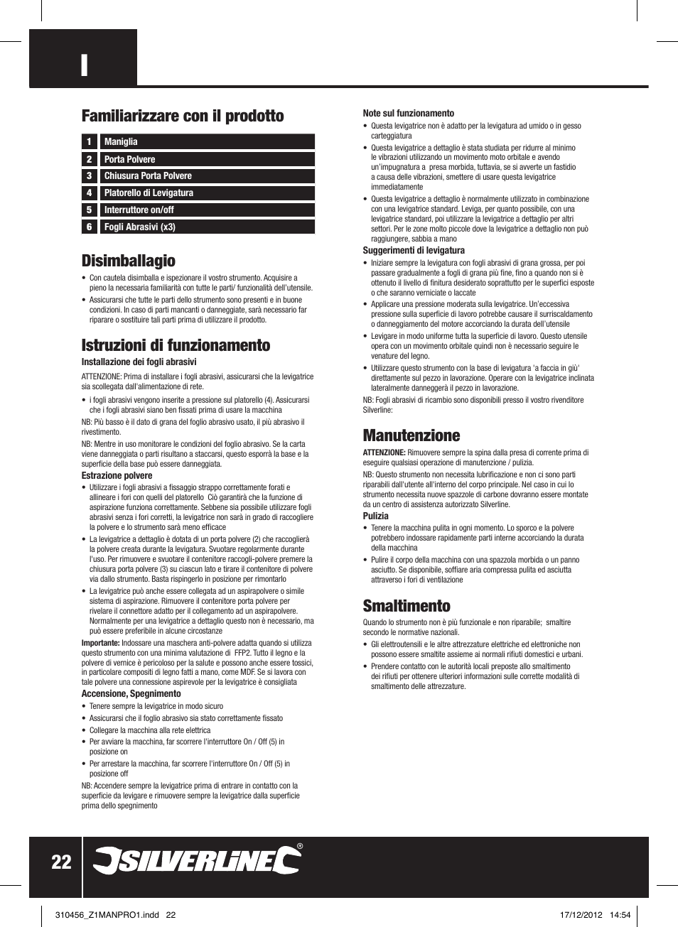 Disimballagio, Istruzioni di funzionamento, Familiarizzare con il prodotto | Manutenzione, Smaltimento | Silverline 160W Detail Sander User Manual | Page 23 / 28