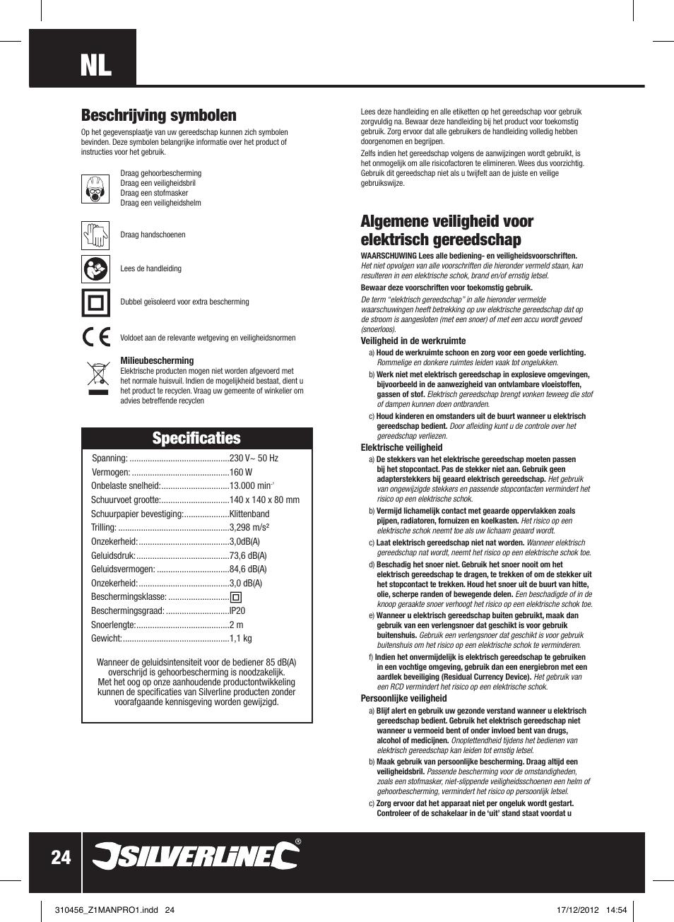 Algemene veiligheid voor elektrisch gereedschap, Specificaties, Beschrijving symbolen | Silverline 160W Detail Sander User Manual | Page 25 / 28