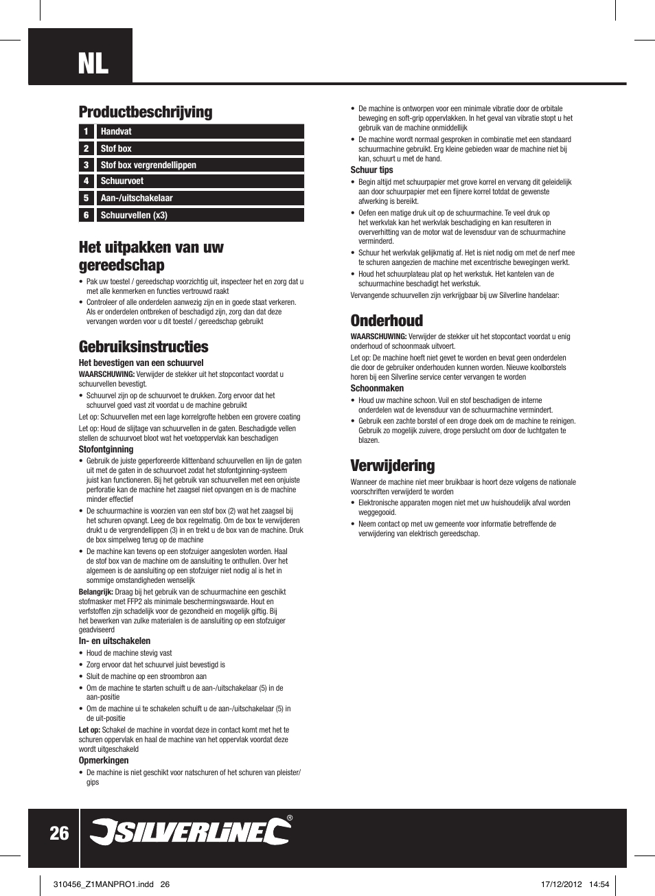 Gebruiksinstructies, Onderhoud, Verwijdering | Silverline 160W Detail Sander User Manual | Page 27 / 28