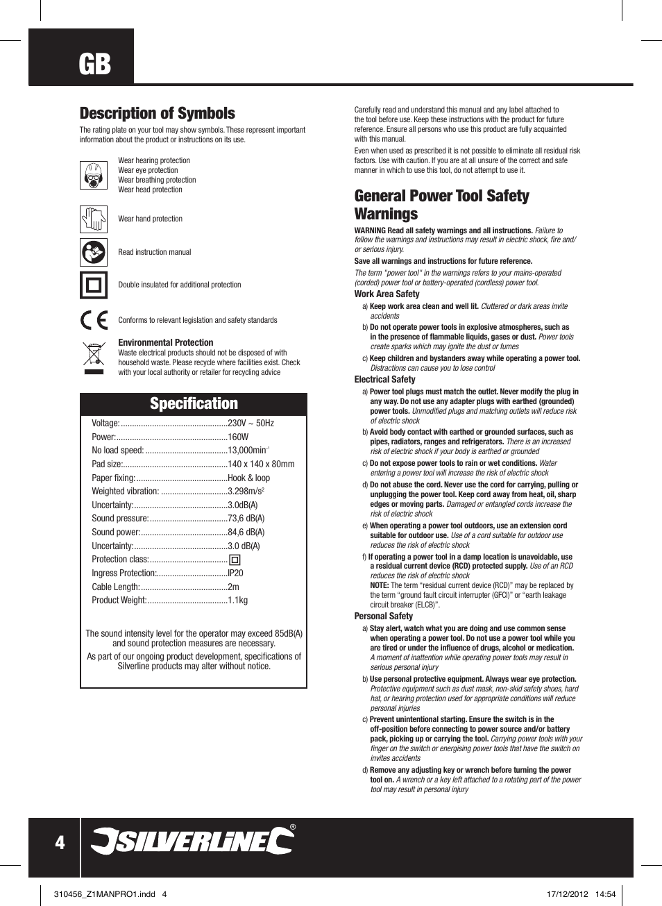 Specification, General power tool safety warnings, Description of symbols | Silverline 160W Detail Sander User Manual | Page 5 / 28
