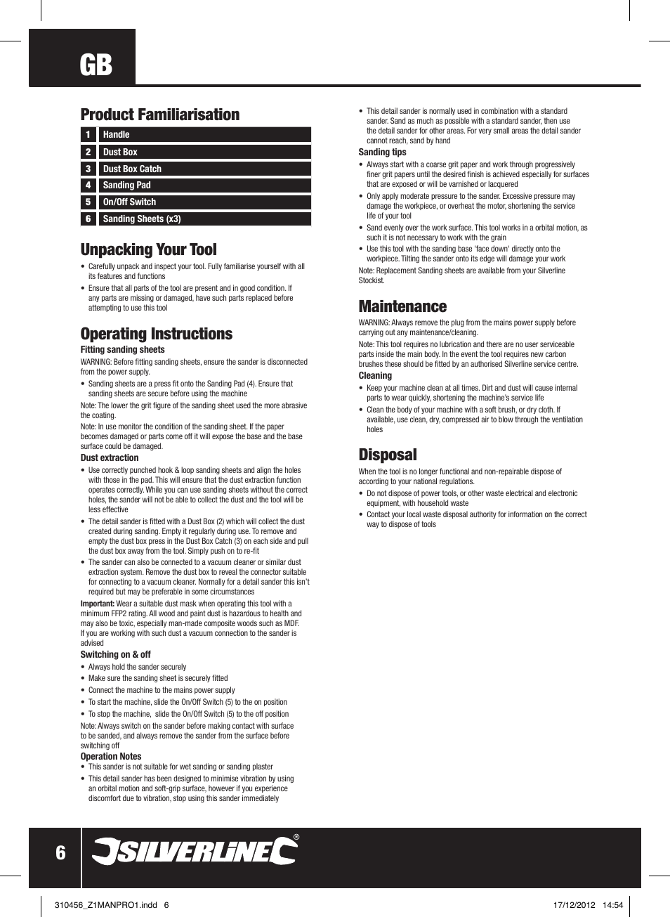 Unpacking your tool, Operating instructions, Maintenance | Disposal, Product familiarisation | Silverline 160W Detail Sander User Manual | Page 7 / 28