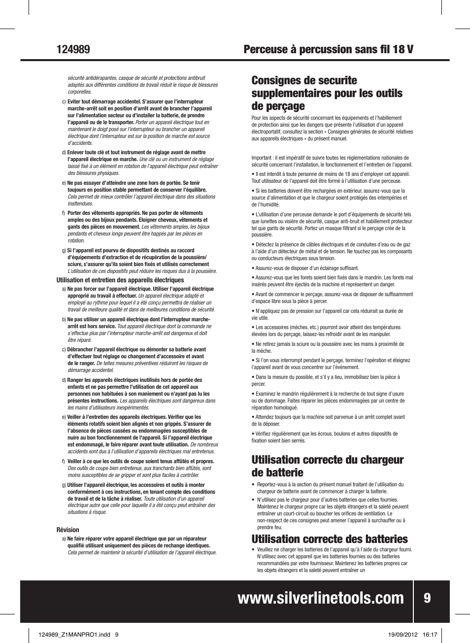 Utilisation correcte du chargeur de batterie, Utilisation correcte des batteries | Silverline Combi Hammer Drill 18V User Manual | Page 10 / 28