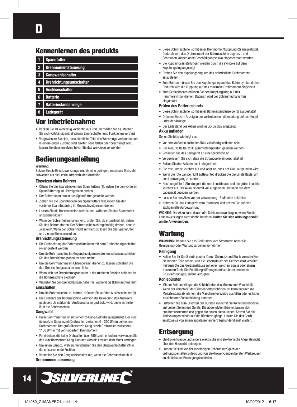 Vor inbetriebnahme, Bedienungsanleitung, Wartung | Entsorgung, Kennenlernen des produkts | Silverline Combi Hammer Drill 18V User Manual | Page 15 / 28