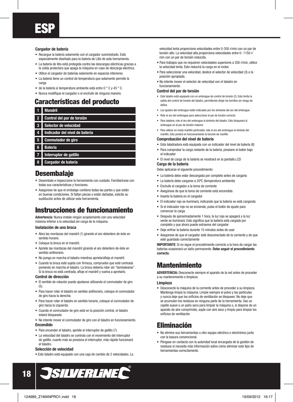 Desembalaje, Instrucciones de funcionamiento, Mantenimiento | Eliminación, Características del producto | Silverline Combi Hammer Drill 18V User Manual | Page 19 / 28