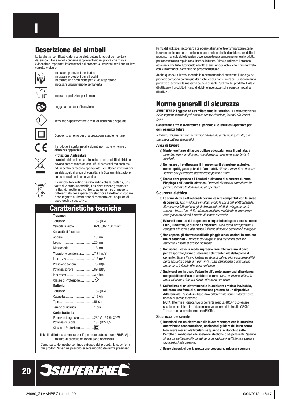 Norme generali di sicurezza, Caratteristiche tecniche, Descrizione dei simboli | Silverline Combi Hammer Drill 18V User Manual | Page 21 / 28