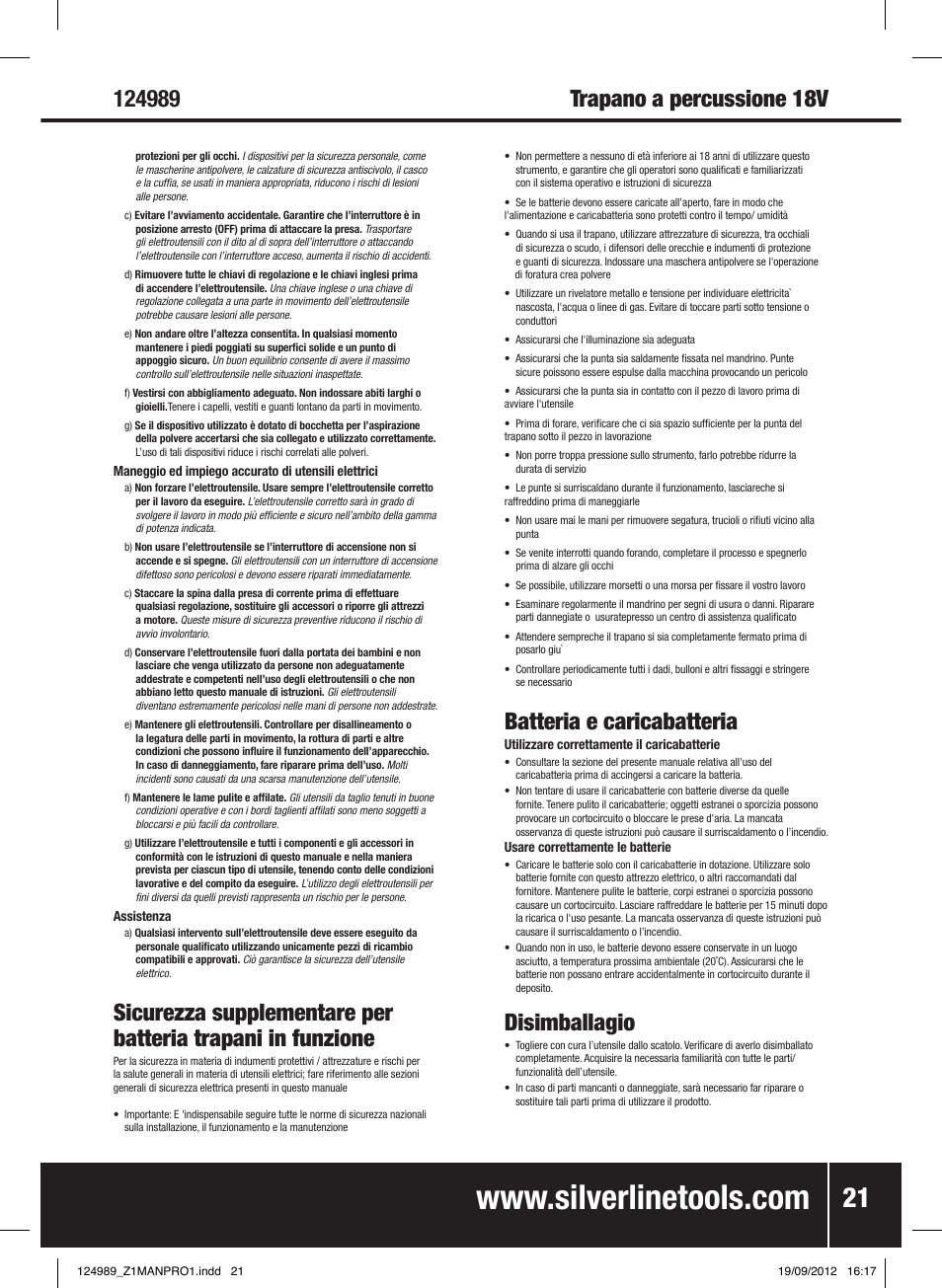 Batteria e caricabatteria, Disimballagio | Silverline Combi Hammer Drill 18V User Manual | Page 22 / 28